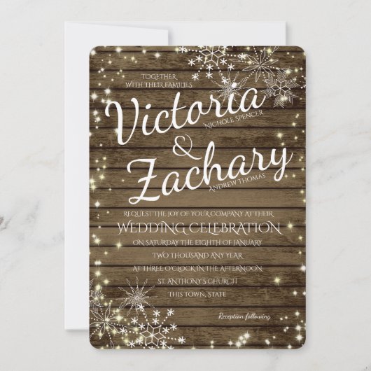 Rustieke  houten sneeuwvlokken en Sparkle bruiloft Kaart (Voorkant)