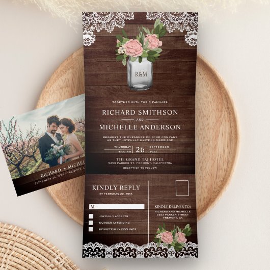 Rustieke Houten Stof Roze Roos Metselwerk Emmer Ka Drieluik Uitnodiging