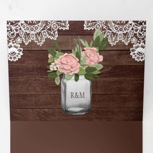 Rustieke Houten Stof Roze Roos Metselwerk Emmer Ka Drieluik Uitnodiging (Binnenzijde eerst)