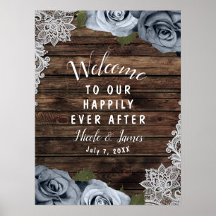Rustieke Houten Stofblauwe Rozen Foto Trouw Welkom Poster