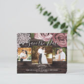 Rustieke houten stoffige roze rozen foto save the (Staand voorkant)