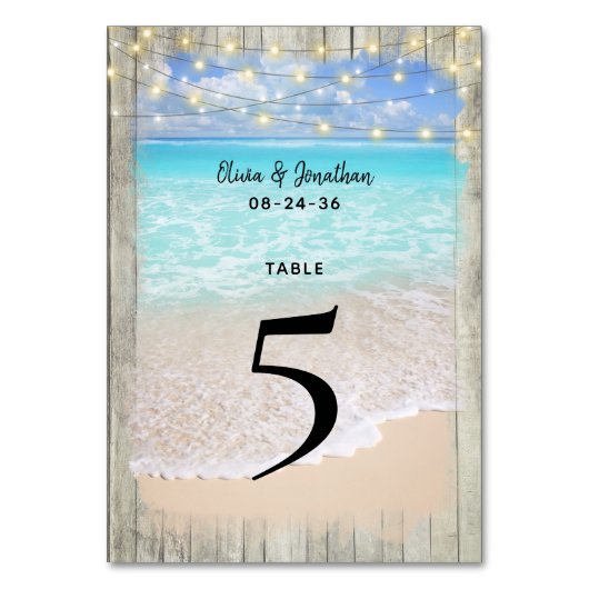 Rustieke Houten Strand Bruiloft Tafel Nummer Kaart (Voorkant)