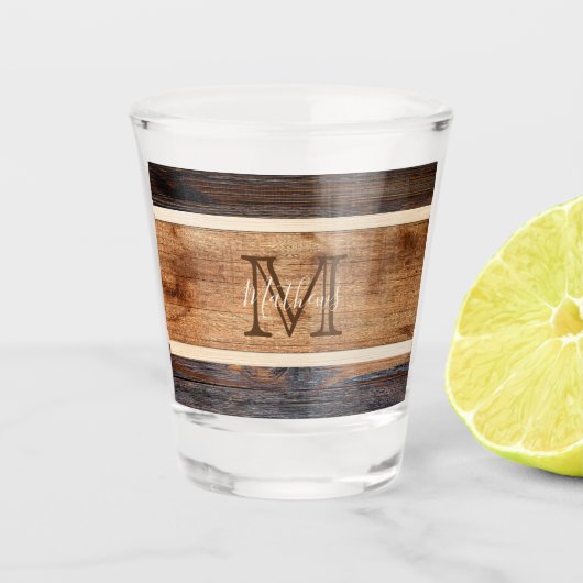 Rustieke houten streepmonogram shot glas (Voorkant)