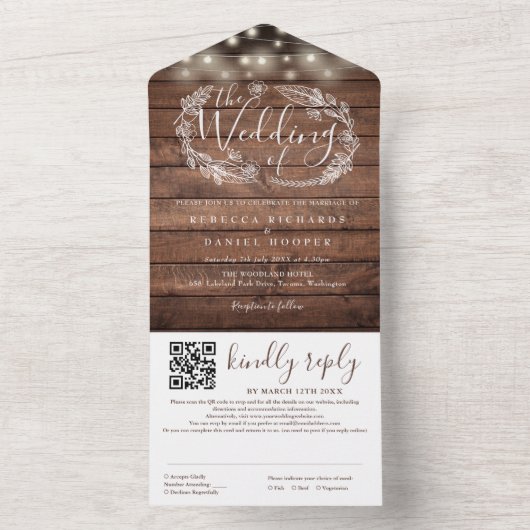 Rustieke Houten Strijklichten Bloemen QR Code Brui All In One Uitnodiging (Binnen)