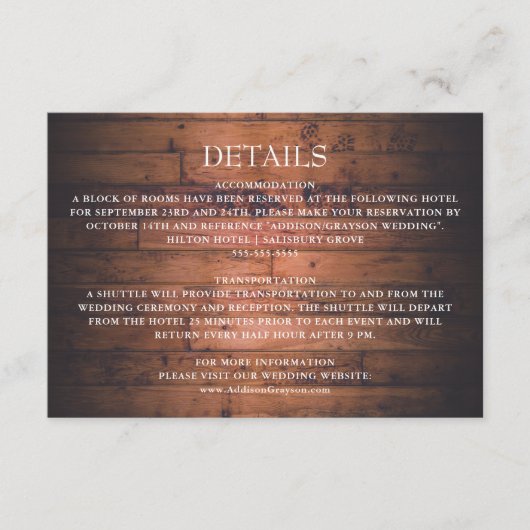 Rustieke Houten Strijklichten Bruiloft Detail Informatiekaartje (Voorkant)