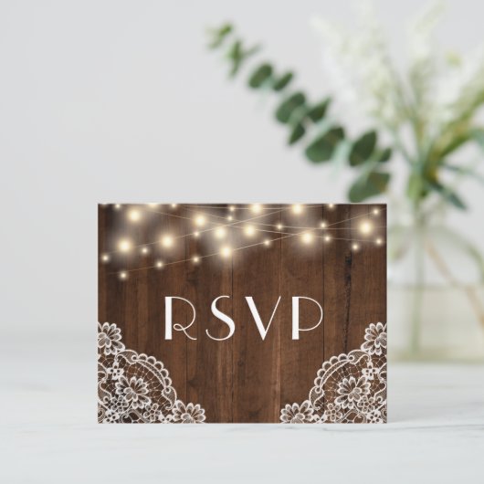 Rustieke Houten Strijklichten en Kant | RSVP-maalt Uitnodiging Briefkaart (Staand voorkant)