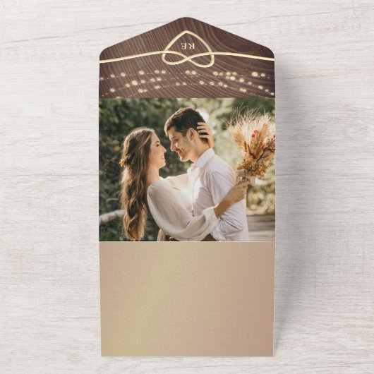 Rustieke Houten Strijklichten Huwelijk QR Code All In One Uitnodiging (Buitenkant)