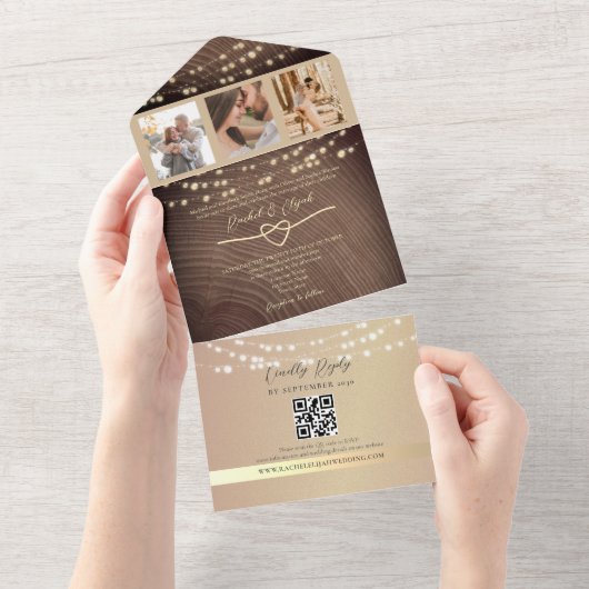 Rustieke Houten Strijklichten Huwelijk QR Code All In One Uitnodiging (Afscheurbaar)