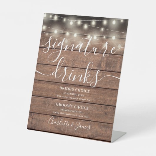 Rustieke Houten Strijklichten Huwelijkshandtekenin Reclamebord Met Voetstuk (Voorkant)