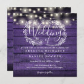 Rustieke Houten Strijklichten Paarse Bruiloft Kaart (Voorkant / Achterkant)