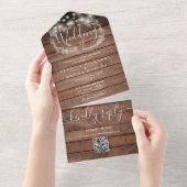 Rustieke Houten Strijklichten QR Code Bloemen Brui All In One Uitnodiging (Afscheurbaar)