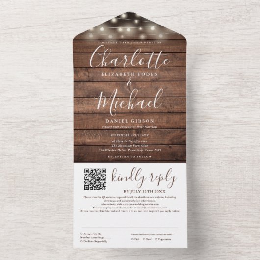 Rustieke Houten Strijklichten QR Code Bruiloft All In One Uitnodiging (Binnen)