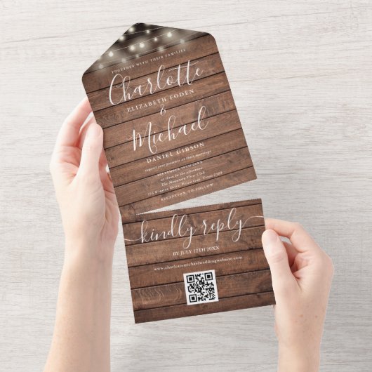 Rustieke Houten Strijklichten QR Code Bruiloft All In One Uitnodiging (Afscheurbaar)