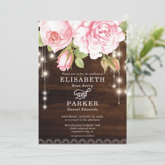 Rustieke Houten Strijklichten Rozen Bruiloft Kaart (Staand voorkant)