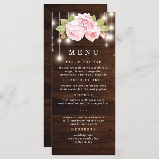 Rustieke Houten Strijklichten Rozen Bruiloft Menu (Voorkant / Achterkant)