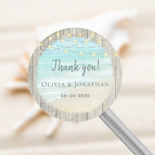 Rustieke Houten Strijklichten Strand Bruiloft Ronde Sticker