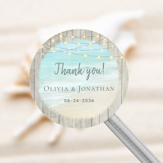 Rustieke Houten Strijklichten Strand Bruiloft Ronde Sticker