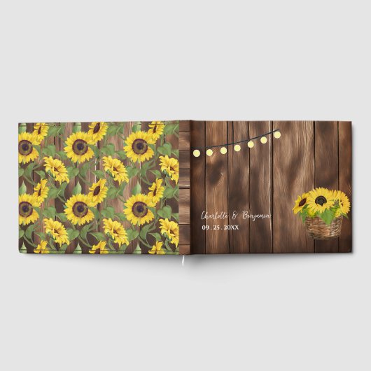 Rustieke Houten Strijklichten Zonnebloem Bruiloft Gastenboek (Volledig)