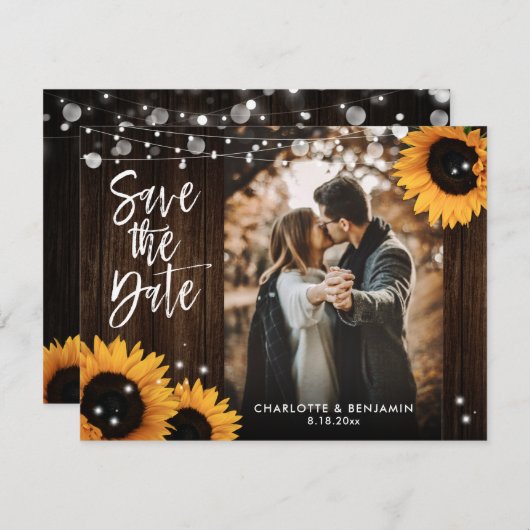 Rustieke Houten Strijklichten Zonnebloem Bruiloft  Save The Date (Voorkant / Achterkant)