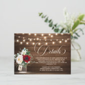 Rustieke houten string licht bordeaux bruiloft det informatiekaartje (Staand voorkant)
