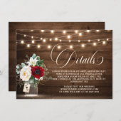 Rustieke houten string licht bordeaux bruiloft det informatiekaartje (Voorkant / Achterkant)