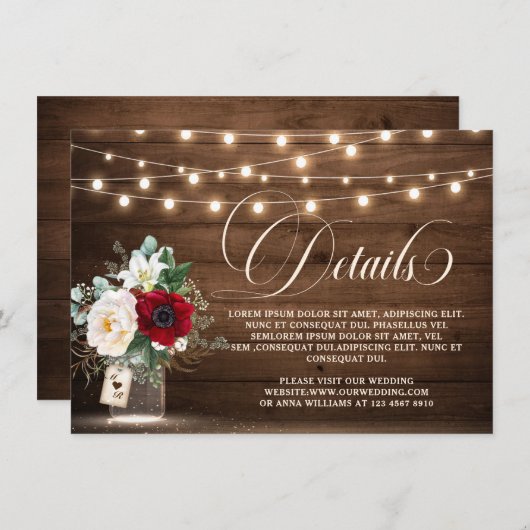 Rustieke houten string licht bordeaux bruiloft det informatiekaartje (Voorkant / Achterkant)