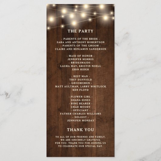 Rustieke houten string licht bruiloft programmakaart (Achterkant)