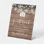 Rustieke houten string lichten foto gastenboek reclamebord met voetstuk (Voorkant)
