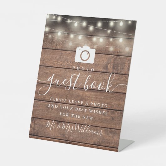 Rustieke houten string lichten foto gastenboek reclamebord met voetstuk (Voorkant)