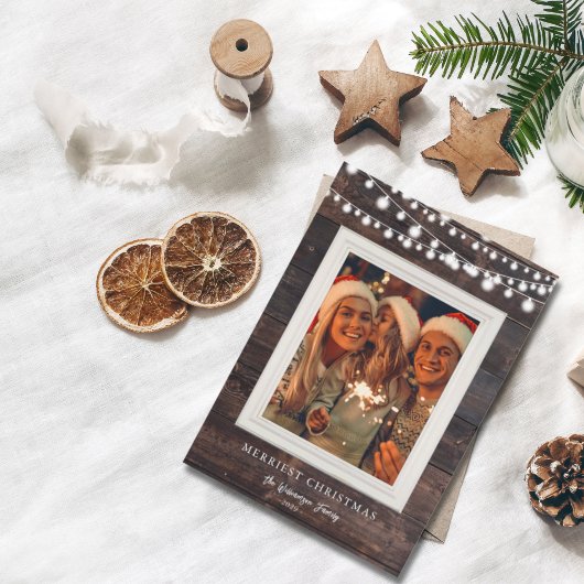 Rustieke houten string lichten Merriest Christmas Feestdagenkaart