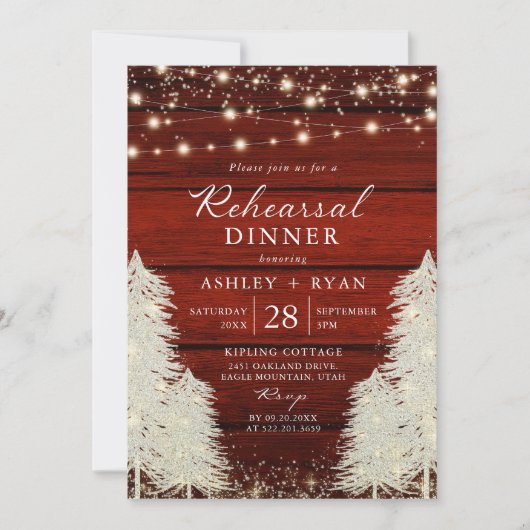 Rustieke houten string verlichting bomen bruiloft kaart (Voorkant)