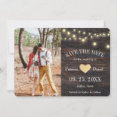 Rustieke houten string verlichting hart foto bruil save the date (Voorkant)