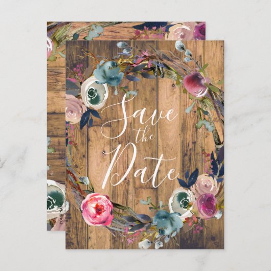 Rustieke houten takken bloemenkrans Save the Date Aankondigingskaart (Voorkant / Achterkant)