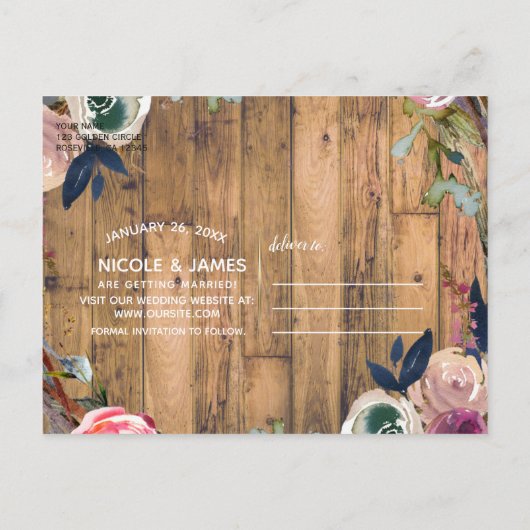 Rustieke houten takken bloemenkrans Save the Date Aankondigingskaart (Achterkant)