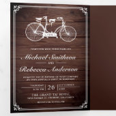 rustieke houten tandem fietstrouwfoto drieluik uitnodiging (Binnenzijde eerst)