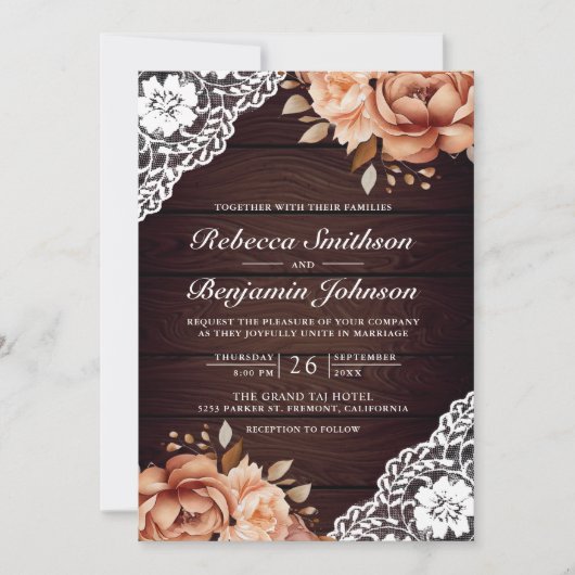 Rustieke houten terracotta bloemenkant QR code bru Kaart (Voorkant)