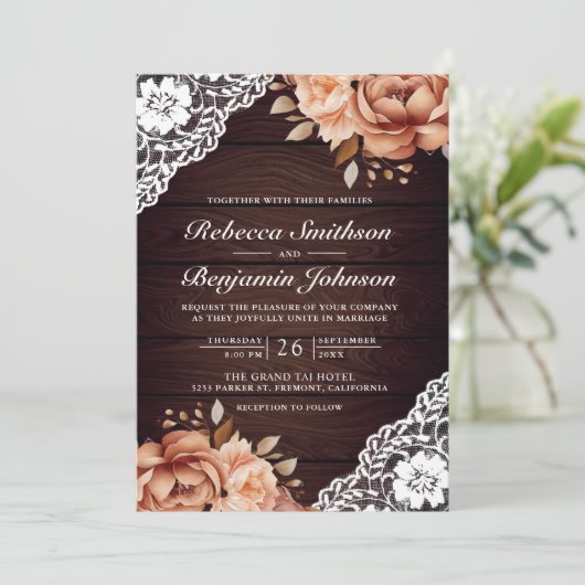 Rustieke houten terracotta bloemenkant QR code bru Kaart (Staand voorkant)