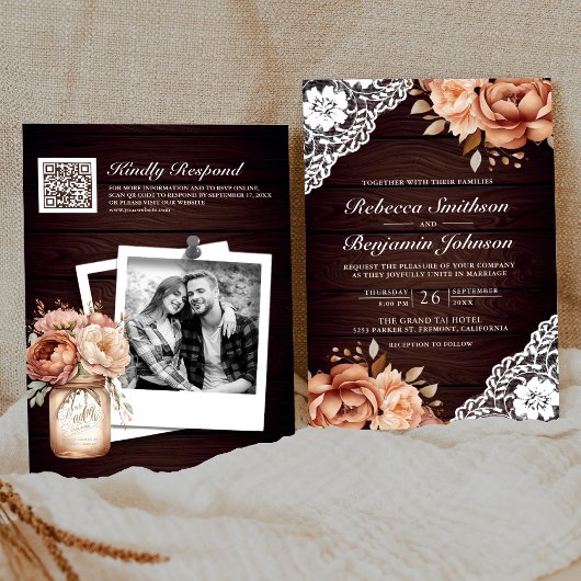Rustieke Houten Terracotta Bloemrijke Kant QR Code Kaart