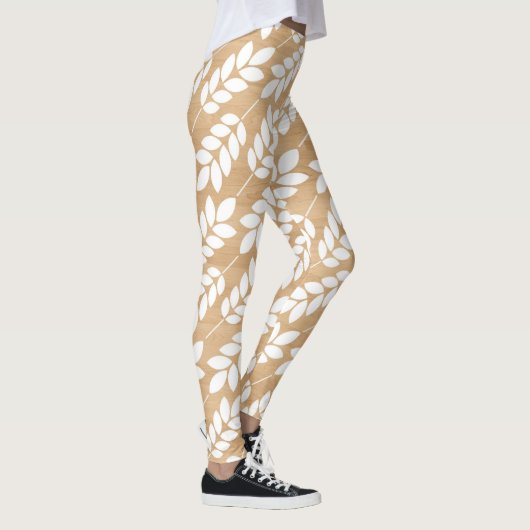 Rustieke houten textuur met wit gebladerte patroon leggings (Rechts)