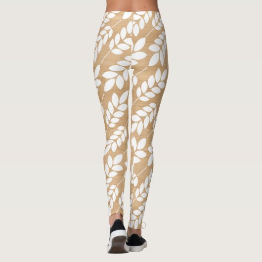 Rustieke houten textuur met wit gebladerte patroon leggings (Achterkant)