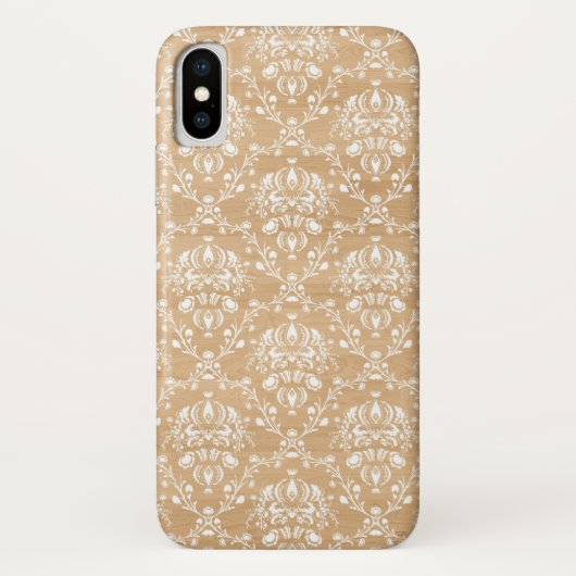 Rustieke houten textuur met witte bloemendamast Case-Mate iPhone case (Achterkant)