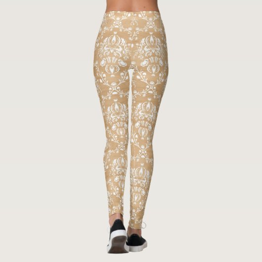 Rustieke houten textuur met witte Damask Pattern Leggings (Achterkant)