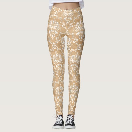 Rustieke houten textuur met witte Damask Pattern Leggings (Voorkant)