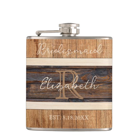 Rustieke houten Toon bruiloft bruidsmeisje Heupfles (Voorkant)