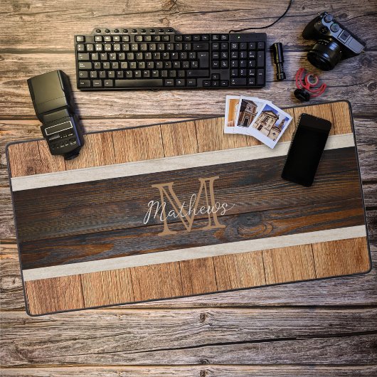 Rustieke Houten Toon Monogram Streep Tan Bureaumat