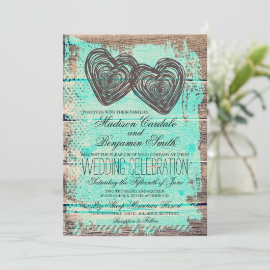 Rustieke Houten Trouw Uitnodigingen Twee Harten Sc (Staand voorkant)