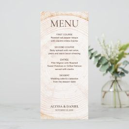 Rustieke houten trouwmenu met boomstam en nerfstru menu