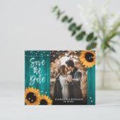 Rustieke Houten Turquoise Zonnebloem Huwelijksfoto Save The Date (Staand voorkant)