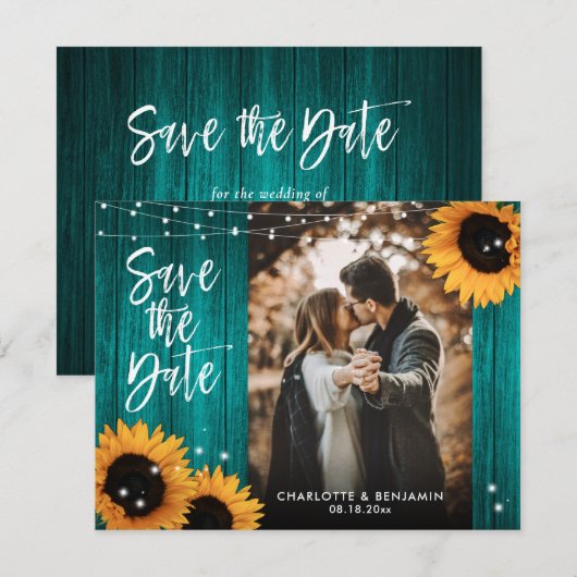 Rustieke Houten Turquoise Zonnebloem Huwelijksfoto Save The Date (Voorkant / Achterkant)