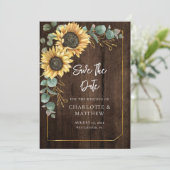 Rustieke houten uitzicht zonnebloem groen save the date (Staand voorkant)
